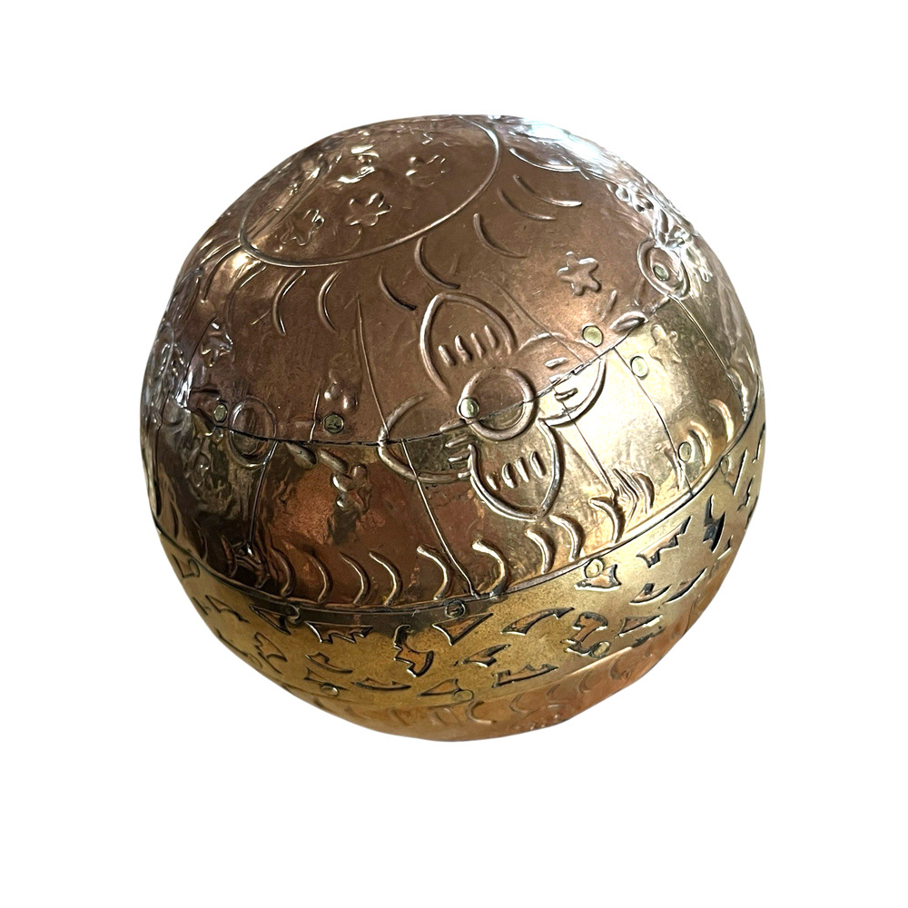 Copper & Brass Covered Decorative Wood Ball Vintage Decorative Orb Retro Mystic